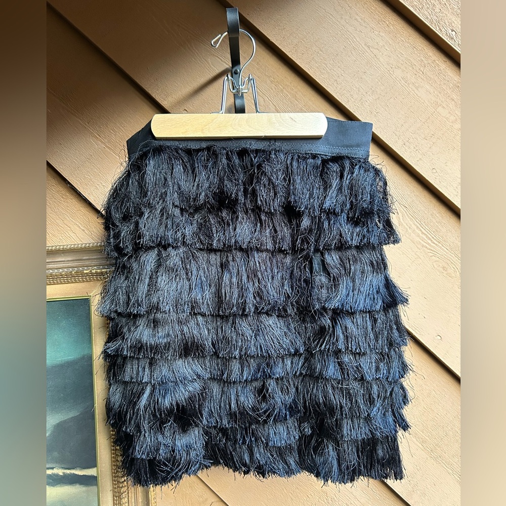 Robert Rodriguez Tiered Silk Fringe Mini Skirt, Black, Size 4
